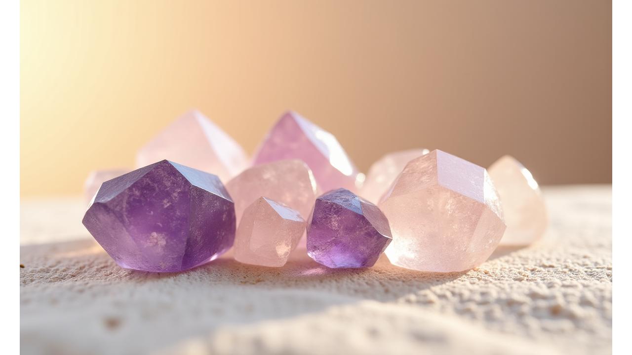 Assortment of ethically sourced crystals including amethyst, rose quartz, and clear quartz, beautifully arranged on a wooden surface with soft, diffused lighting.