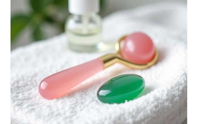 A collection of gemstone facial rollers and gua sha tools, showcasing rose quartz and jade variants.