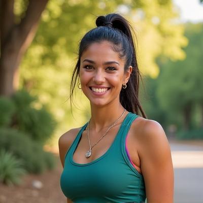 Portrait of Sarah Mendez, an Austin-based wellness coach, radiating warmth and motivation, possibly outdoors near a green space.