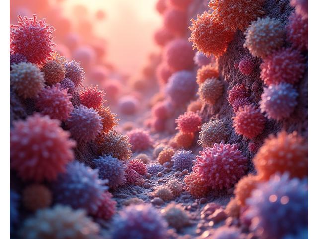 Artistic representation of diverse microorganisms in a complex gut environment, showcasing microbiome health.