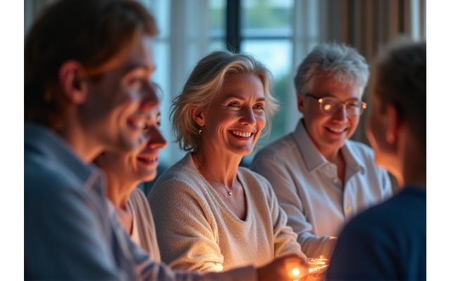 Diverse group of adults engaged in a thoughtful virtual discussion, representing a supportive online wellness community